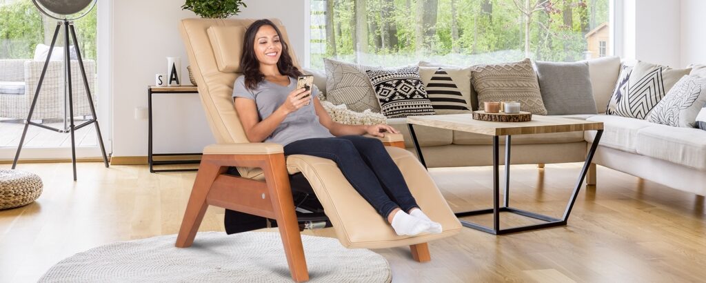 woman sitting on a human touch chair