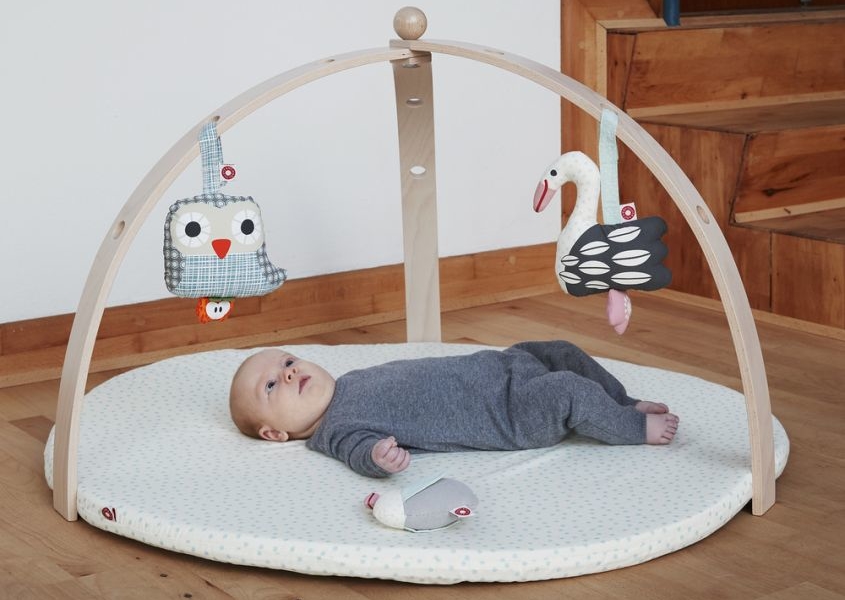 baby on the floor under an activity play gym 