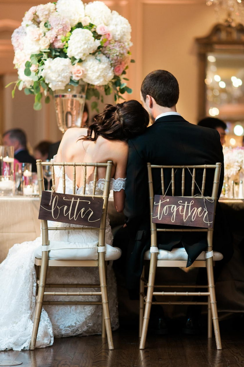 wedding chair decorations for couple with better together signs